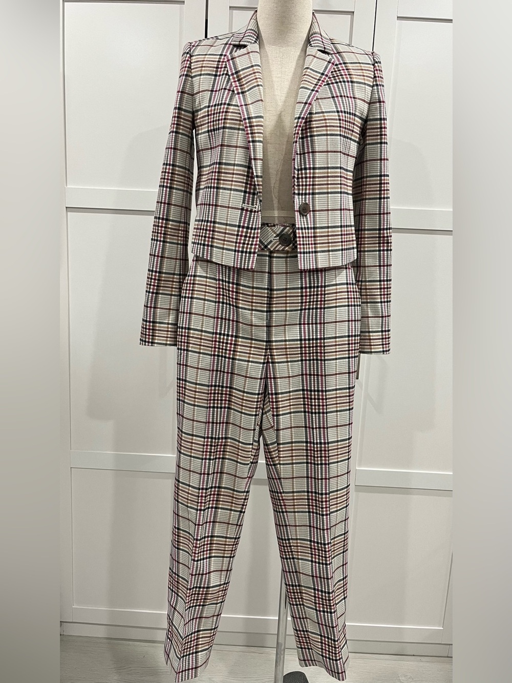 Leith Plaid Cropped Blazer and pant in Cream, Brown and Pink